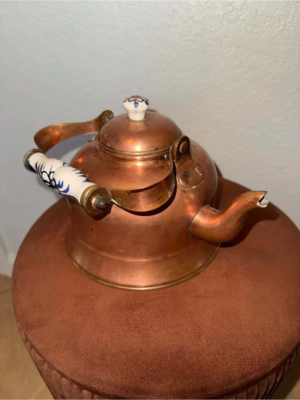 Vintage Copper and Brass Hand Painted Tea Kettle Made in Portugal